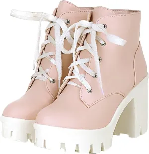 Shinelly Women Platform Chunky Boots Block Heel Lace Up Booties Lace Up