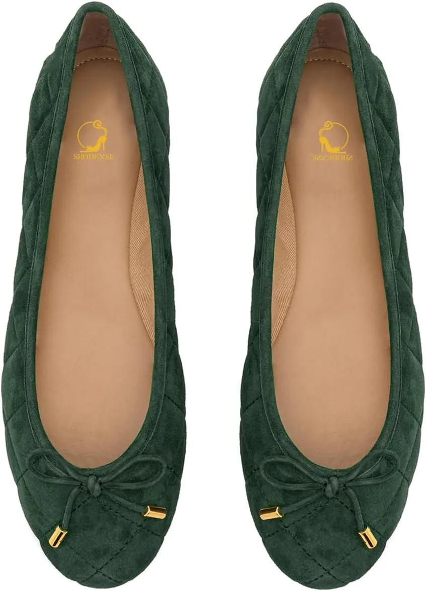 SHODENSE Women Bow Flats Suede Slip On Ballet Flats Round Closed Toe Quilted Ballerina Flats Comfort Flat Heel Dress Shoes Plaid Ladies Cute Elegant Casual Club Driver Flat Shoes Fall Daily 4-11 M US