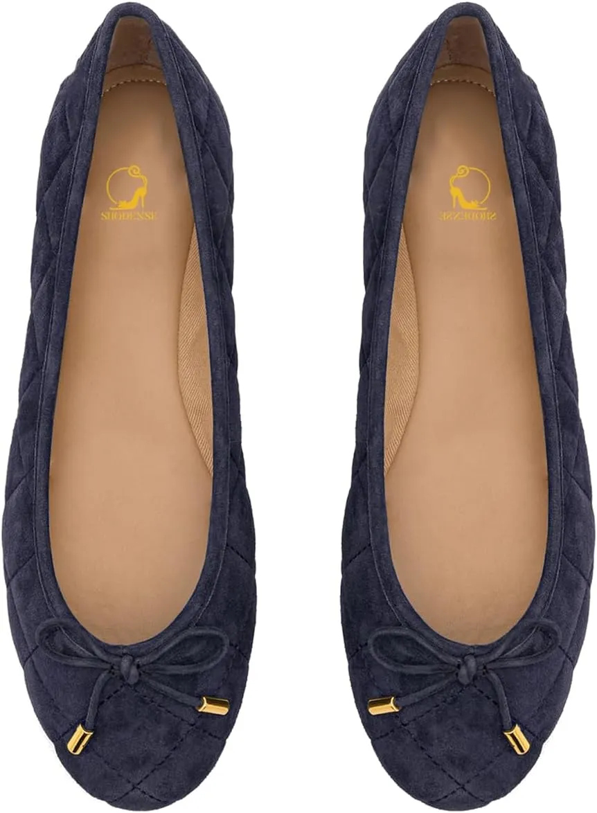 SHODENSE Women Bow Flats Suede Slip On Ballet Flats Round Closed Toe Quilted Ballerina Flats Comfort Flat Heel Dress Shoes Plaid Ladies Cute Elegant Casual Club Driver Flat Shoes Fall Daily 4-11 M US