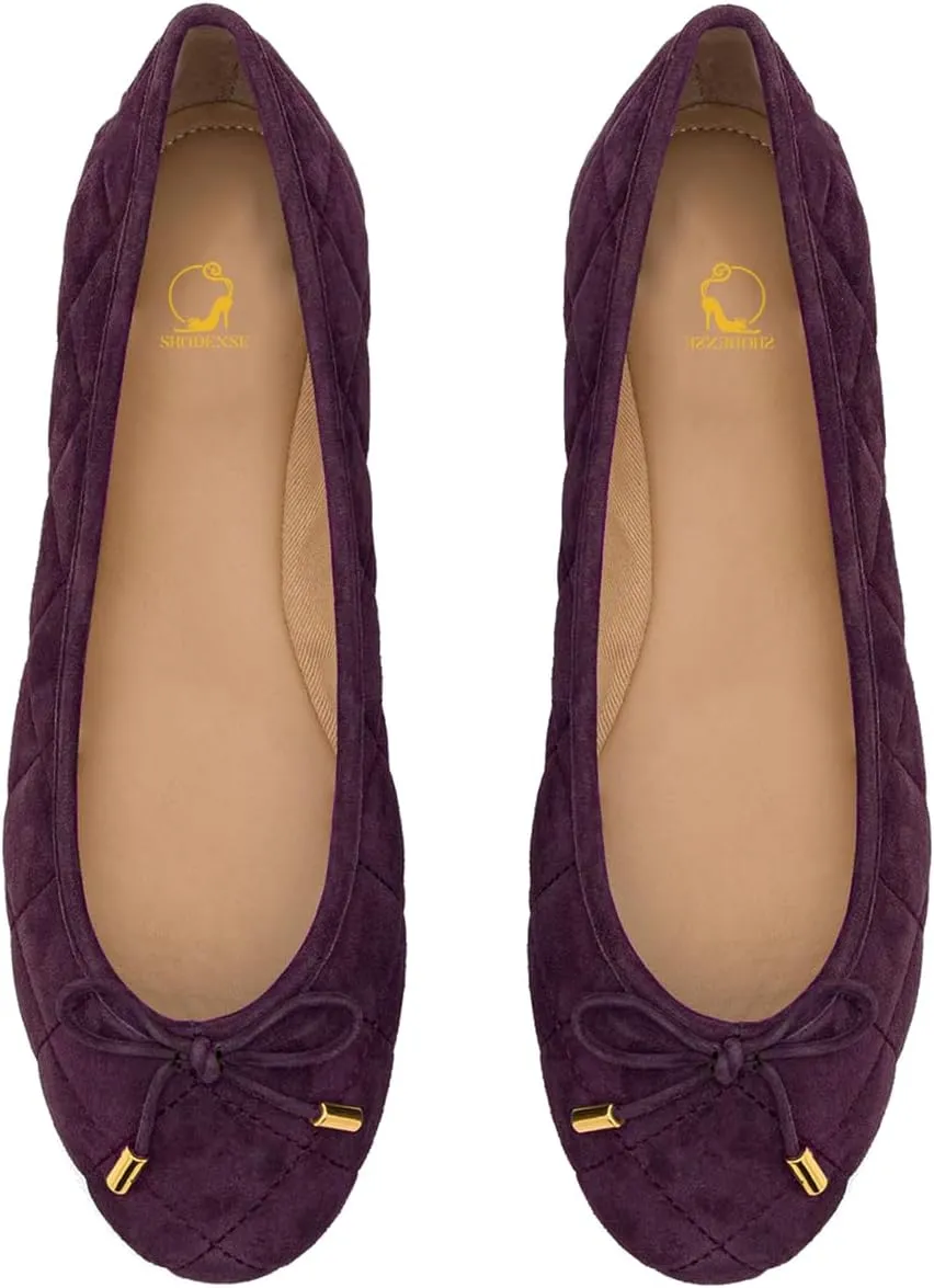 SHODENSE Women Bow Flats Suede Slip On Ballet Flats Round Closed Toe Quilted Ballerina Flats Comfort Flat Heel Dress Shoes Plaid Ladies Cute Elegant Casual Club Driver Flat Shoes Fall Daily 4-11 M US