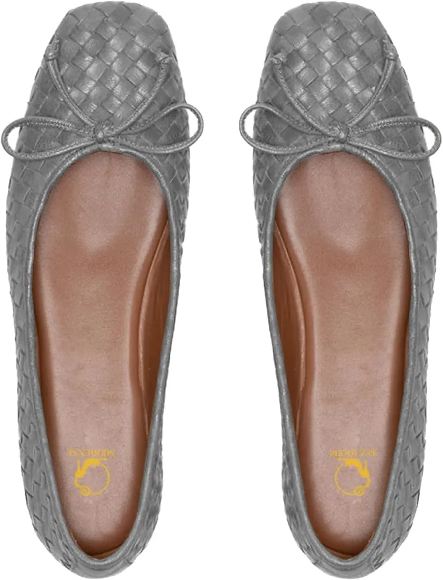 SHODENSE Women Flats Shoes Bow Square Closed Toe Ballet Flats Slip On Metallic Flat Shoe Matte Patent Leather Snakeskin Low Hidden Wedge Heel Office Work Shoes Driving Flats Church Club Fall 4-11 M US