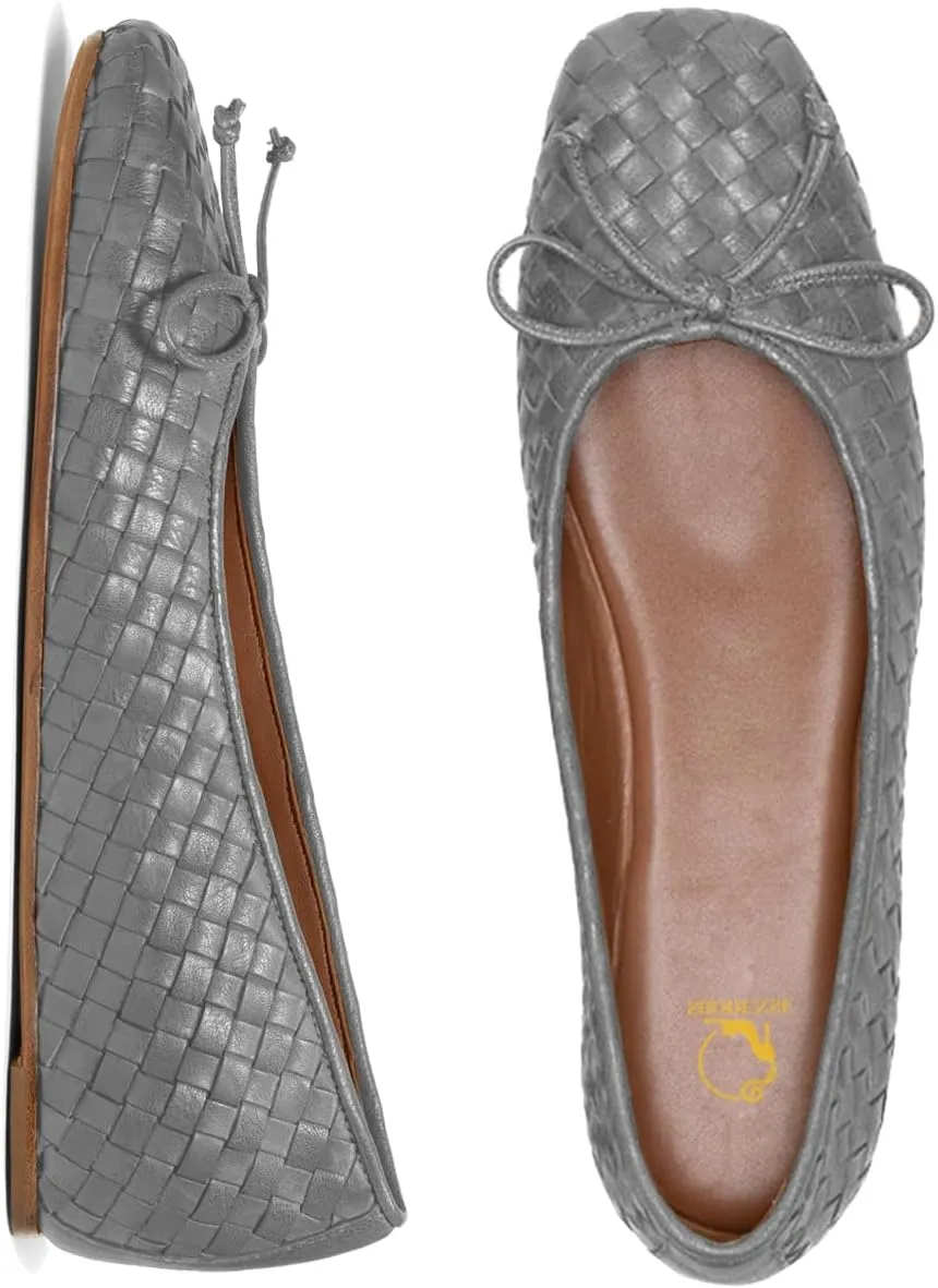 SHODENSE Women Flats Shoes Bow Square Closed Toe Ballet Flats Slip On Metallic Flat Shoe Matte Patent Leather Snakeskin Low Hidden Wedge Heel Office Work Shoes Driving Flats Church Club Fall 4-11 M US
