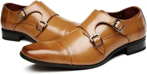 Shoes Dress Oxford for Men Slip On Double Monk Strap Cap Toe Round Toe Leather Non Slip Rubber Sole Low Top Working