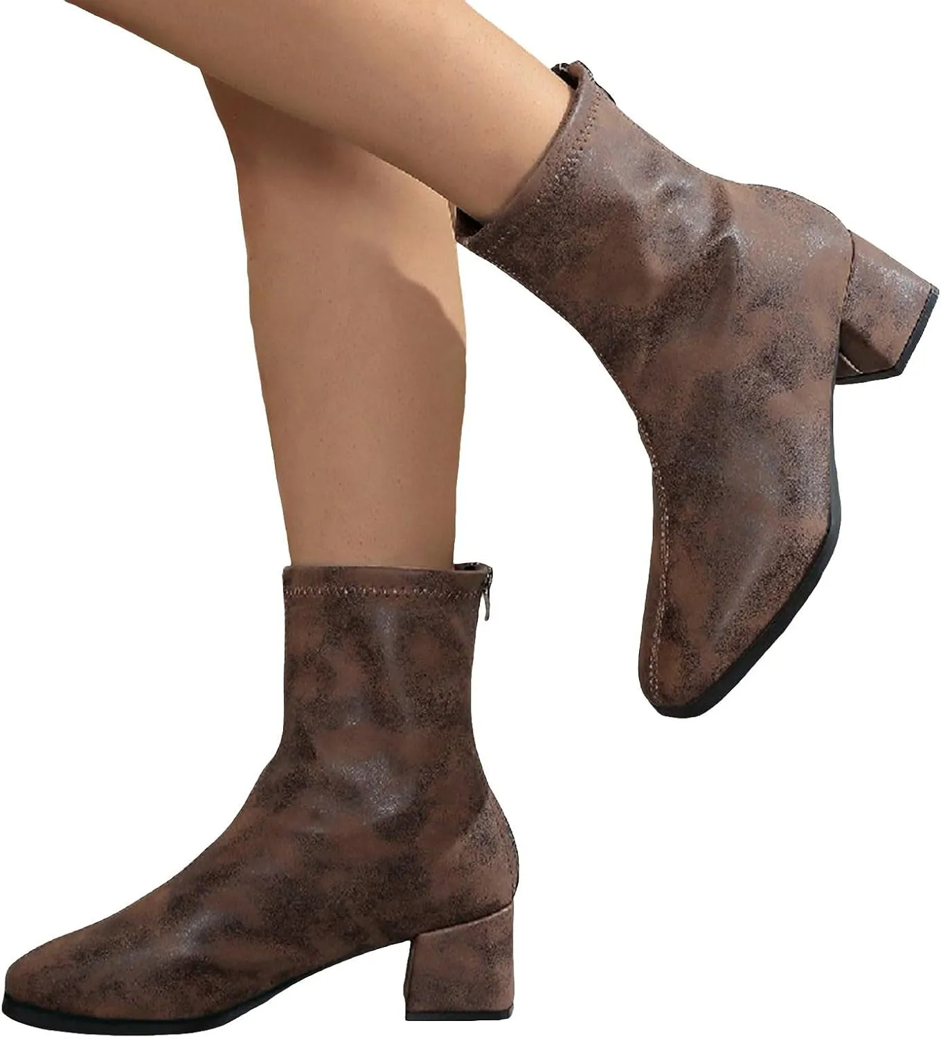 Short Boots for Women Low Heel Women Booties Women's Ankle Boots Square Toe Back Zipper Chunky Block Heel Short Booties