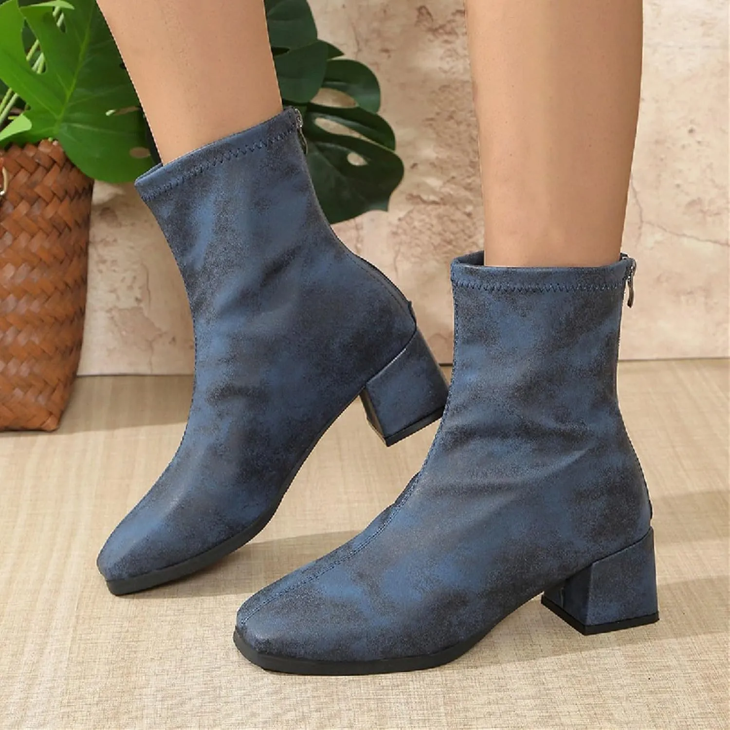 Short Boots for Women Low Heel Women Booties Women's Ankle Boots Square Toe Back Zipper Chunky Block Heel Short Booties