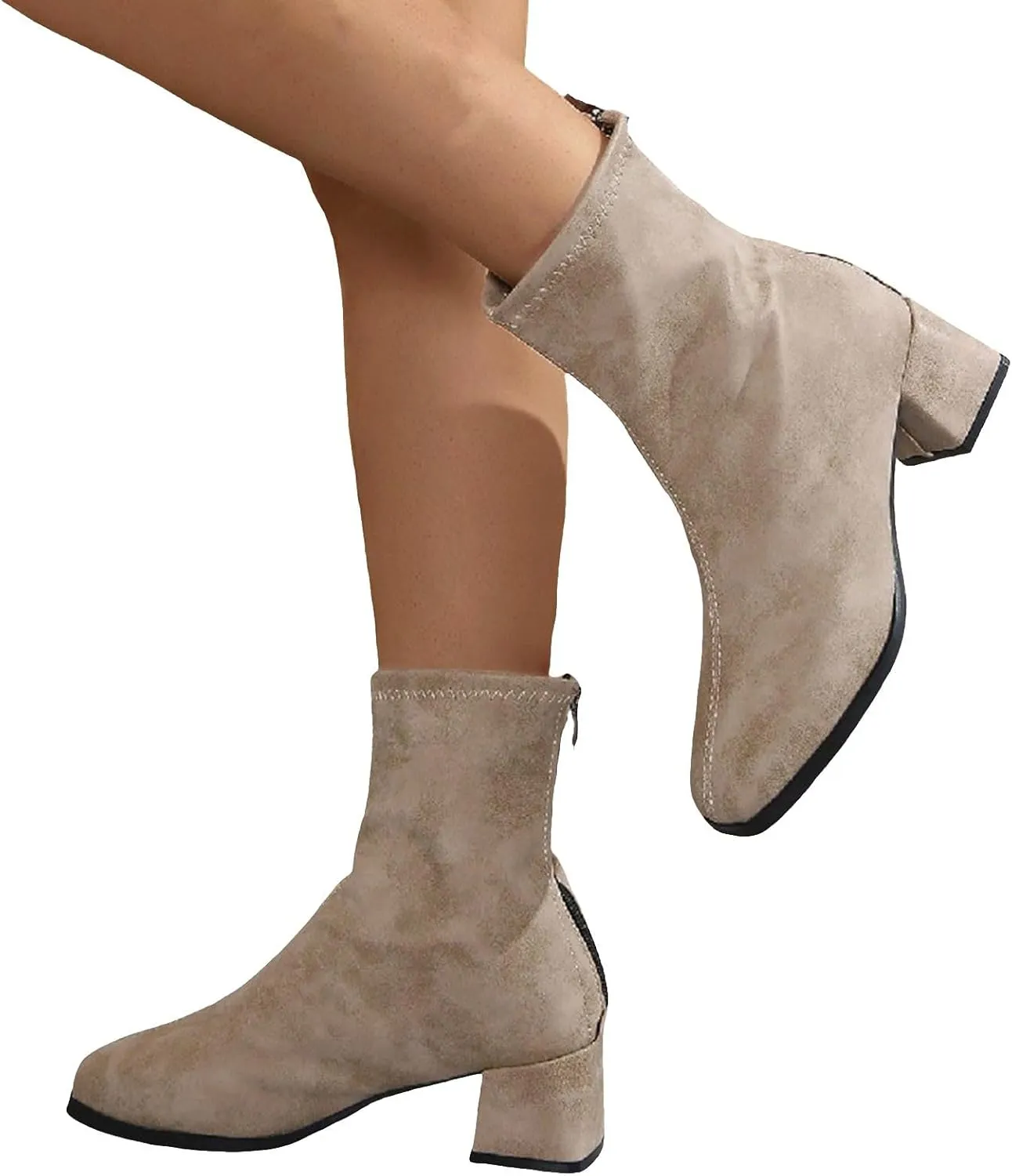 Short Boots for Women Low Heel Women Booties Women's Ankle Boots Square Toe Back Zipper Chunky Block Heel Short Booties