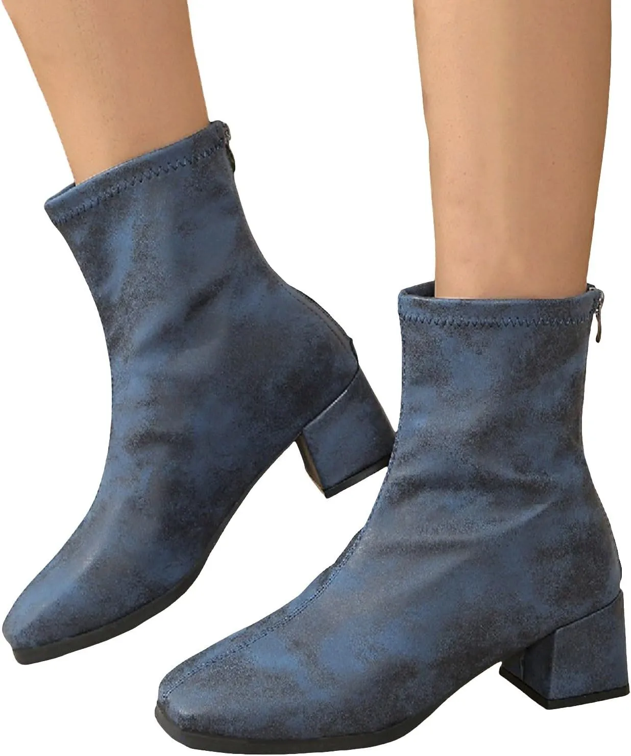 Short Boots for Women Low Heel Women Booties Women's Ankle Boots Square Toe Back Zipper Chunky Block Heel Short Booties