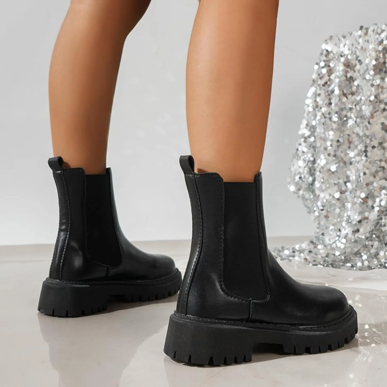 Short Boots for Women Low Heel Women's Boots Chunky Block Heel Slip On Ankle Booties with Elastic Short Boots 