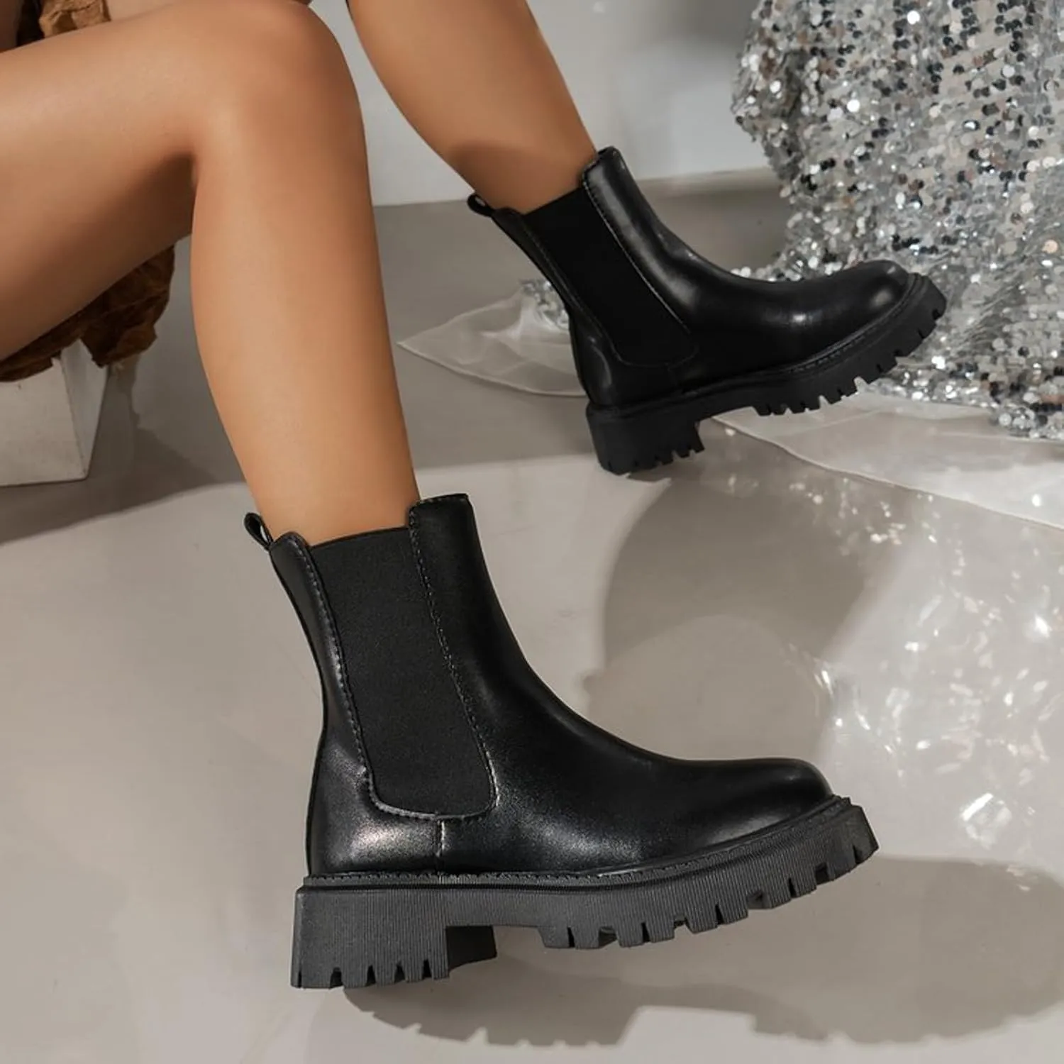 Short Boots for Women Low Heel Women's Boots Chunky Block Heel Slip On Ankle Booties with Elastic Short Boots 
