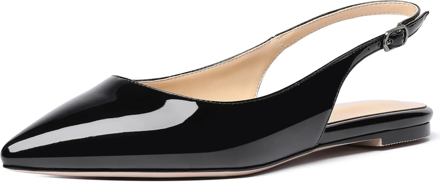 SHOWFOREST Women's Slingback Office Patent Pointed Toe Flats Sandals Casual Dress Shoes
