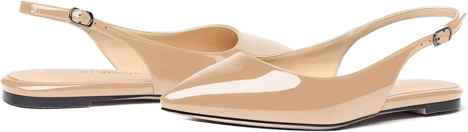 SHOWFOREST Women's Slingback Office Patent Pointed Toe Flats Sandals Casual Dress Shoes