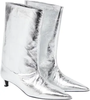 Silver Metallic Ankle Boots for Women kitten Heels Shiny Boots Pointed Toe Mid-calf Booties Mirror Effect Boots