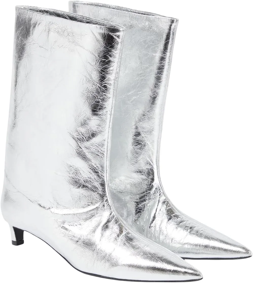 Silver Metallic Ankle Boots for Women kitten Heels Shiny Boots Pointed Toe Mid-calf Booties Mirror Effect Boots
