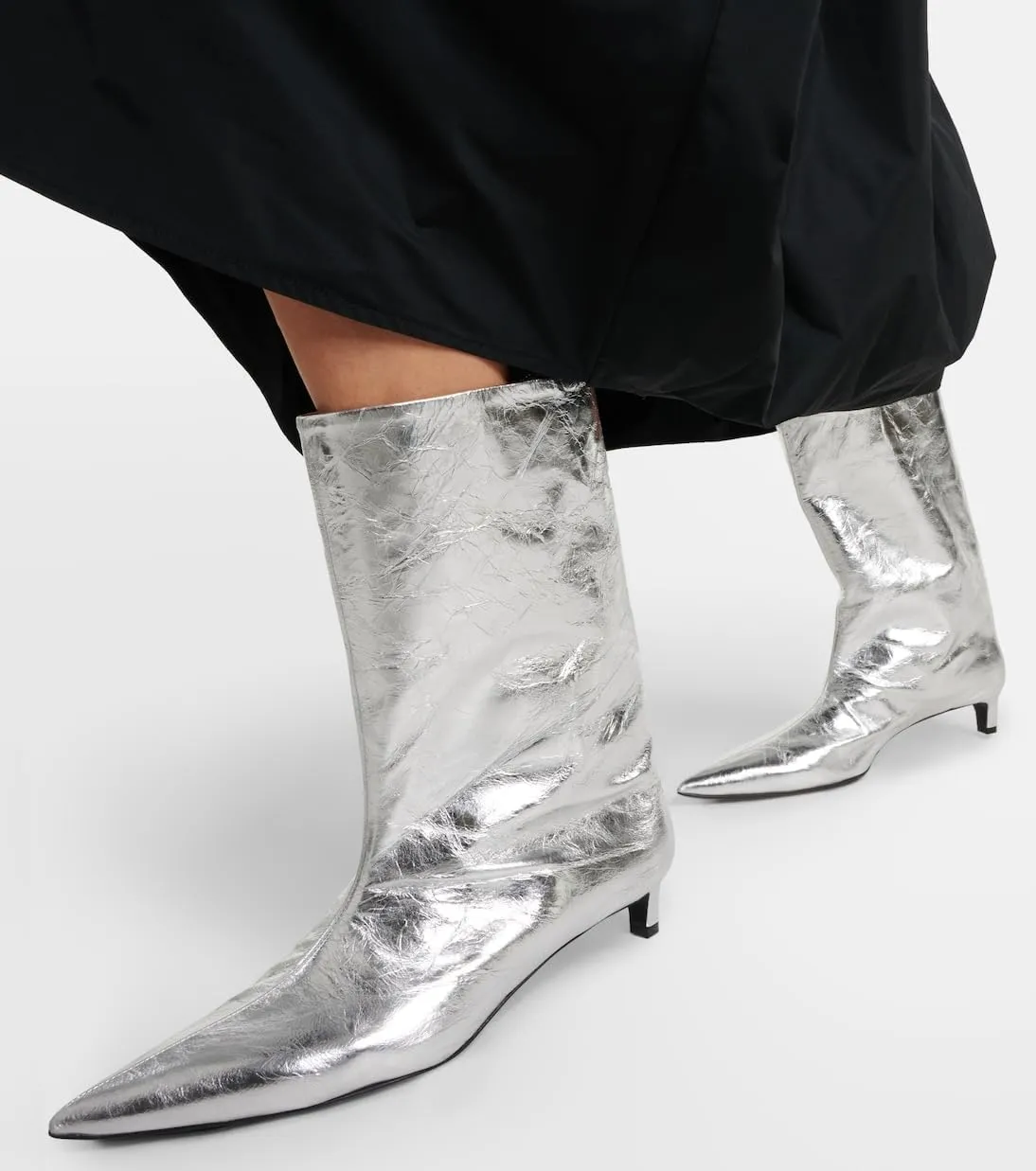 Silver Metallic Ankle Boots for Women kitten Heels Shiny Boots Pointed Toe Mid-calf Booties Mirror Effect Boots