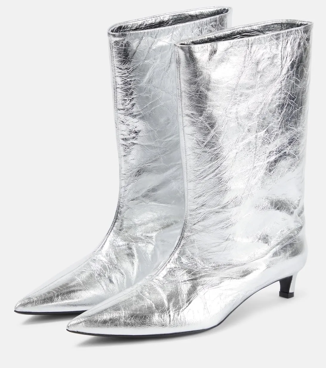 Silver Metallic Ankle Boots for Women kitten Heels Shiny Boots Pointed Toe Mid-calf Booties Mirror Effect Boots