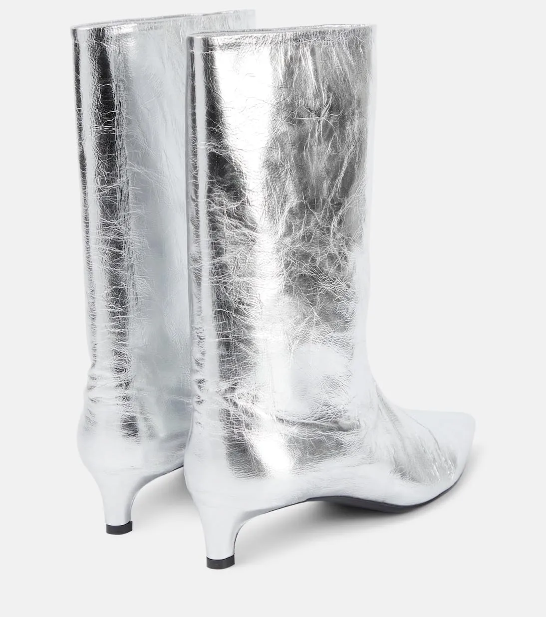 Silver Metallic Ankle Boots for Women kitten Heels Shiny Boots Pointed Toe Mid-calf Booties Mirror Effect Boots