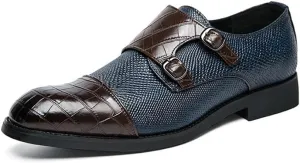 Single Season Formal Dress Shoes for Men Slip On Double Monk Strap Cap Toe PU Leather Anti-Slip Non Slip Low Top Casual Very Popular Among Young People (Color : Brown Blue, Size : 10.5
