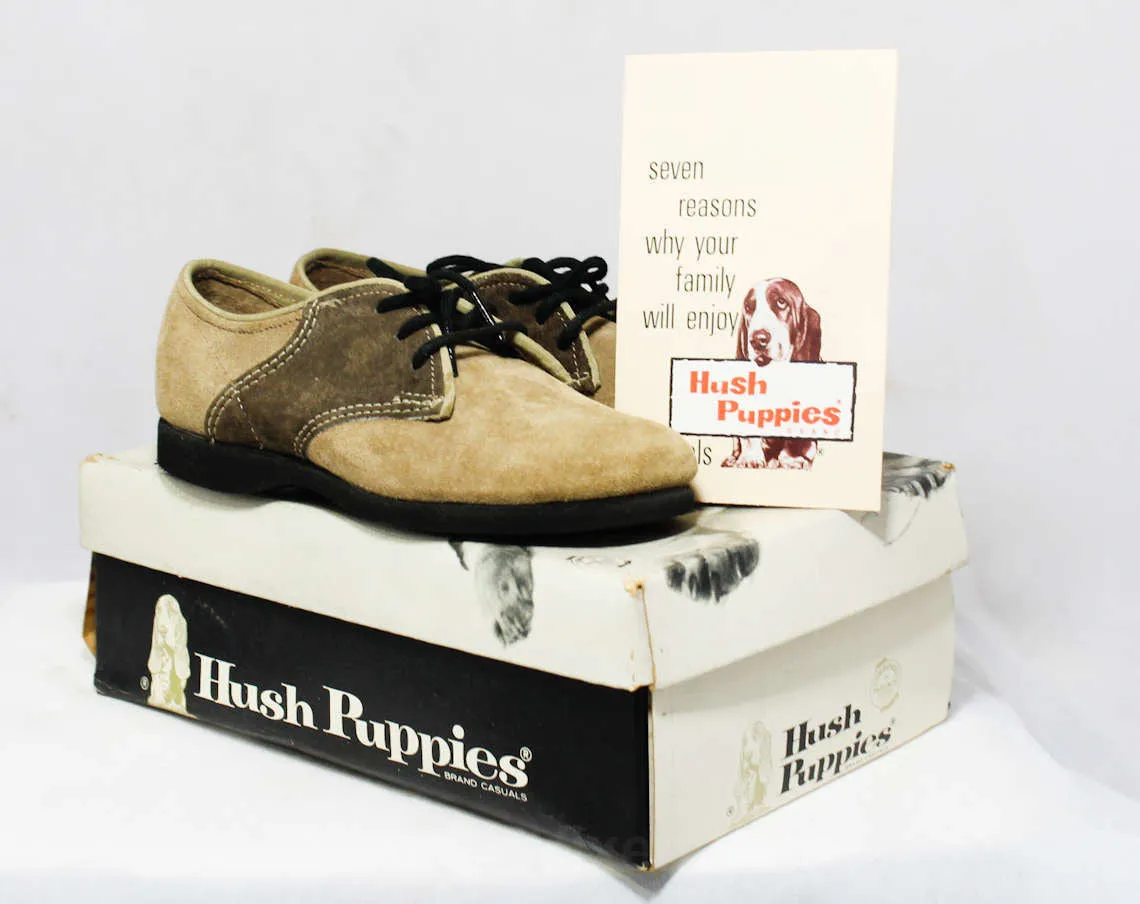 Size 6 Toddler Boys Saddle Shoes - Authentic 1960s Brown Two Tone Suede Oxfords - Child Size 6M - Boy's 60s NIB Deadstock - Hush Puppies