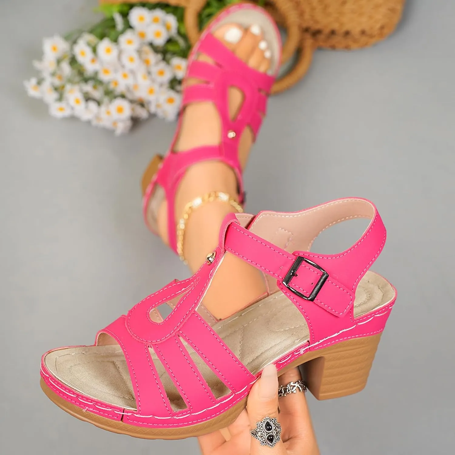Slip on Comfortable Women's Comfortable And Versatile Open Toe Sandals Thick Heeled Fish Mouth Sandals Casual And