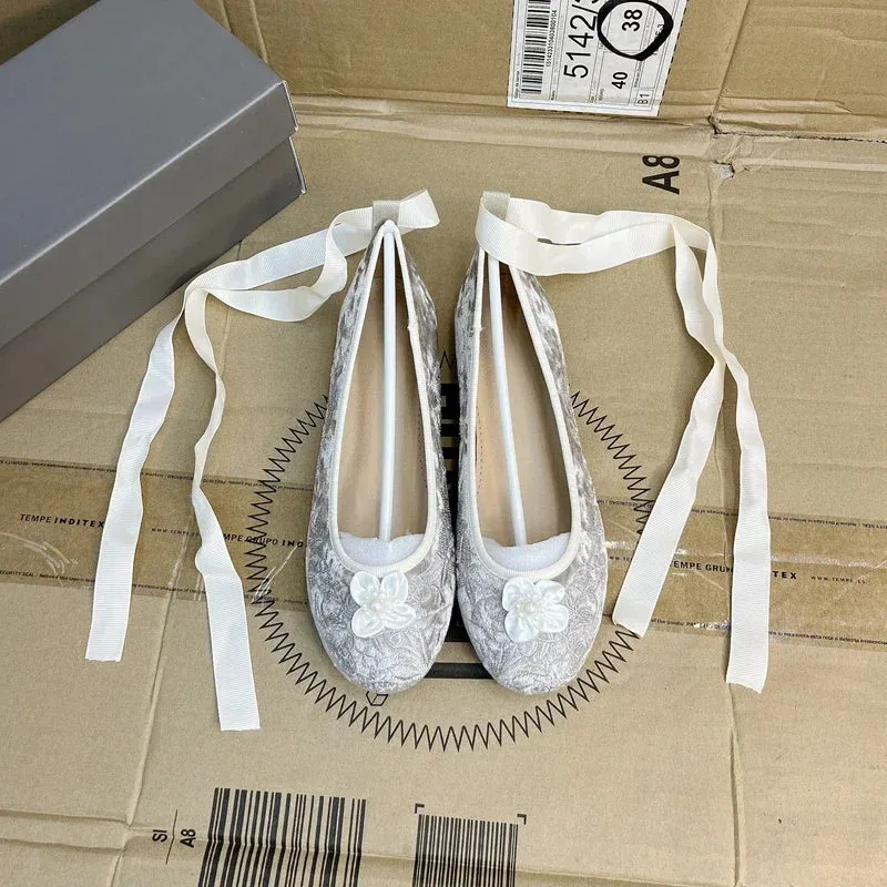 Sohiwoo Pearl Flower Ankle Strap Ballet Shoes Flock Embroidery Lace Up Ballet Shoes Women Round Toe Women Flats Elegant Valentine Shoes