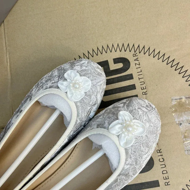 Sohiwoo Pearl Flower Ankle Strap Ballet Shoes Flock Embroidery Lace Up Ballet Shoes Women Round Toe Women Flats Elegant Valentine Shoes