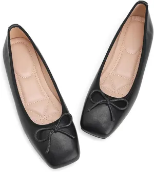 Square Toe Ballet Flats with Bow, Cushioned Insole, Available in White, Black, Red, Yellow, GreenBrown.Bulk Order Women Shoes Customizable