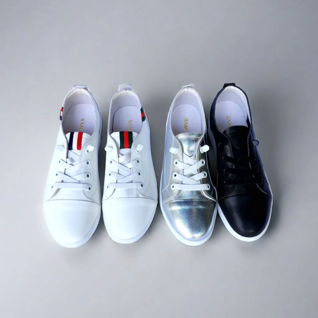SS24007 Genuine leather sneakers with cushions - White, Black and Silver