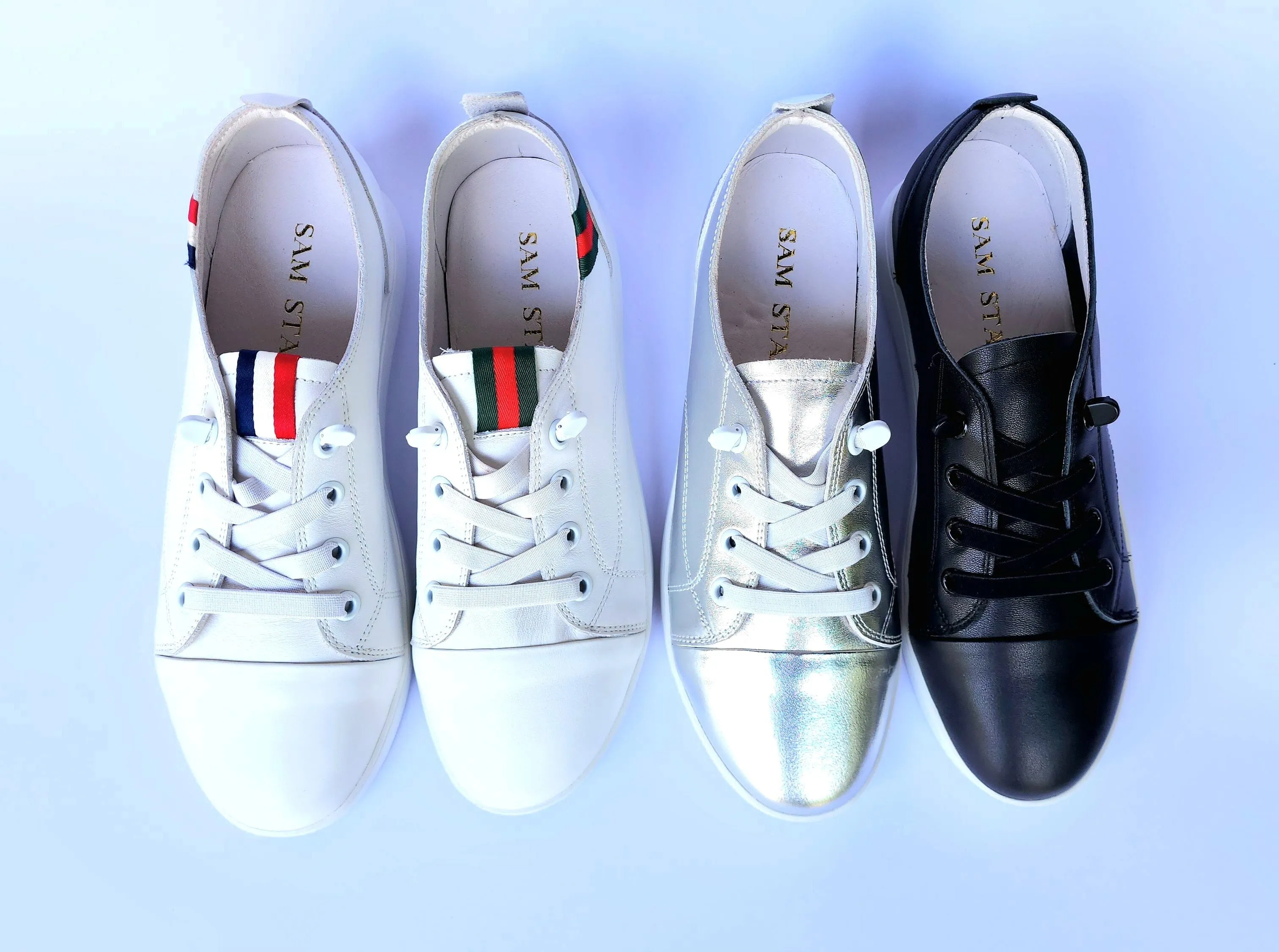 SS24007 Genuine leather sneakers with cushions - White, Black and Silver