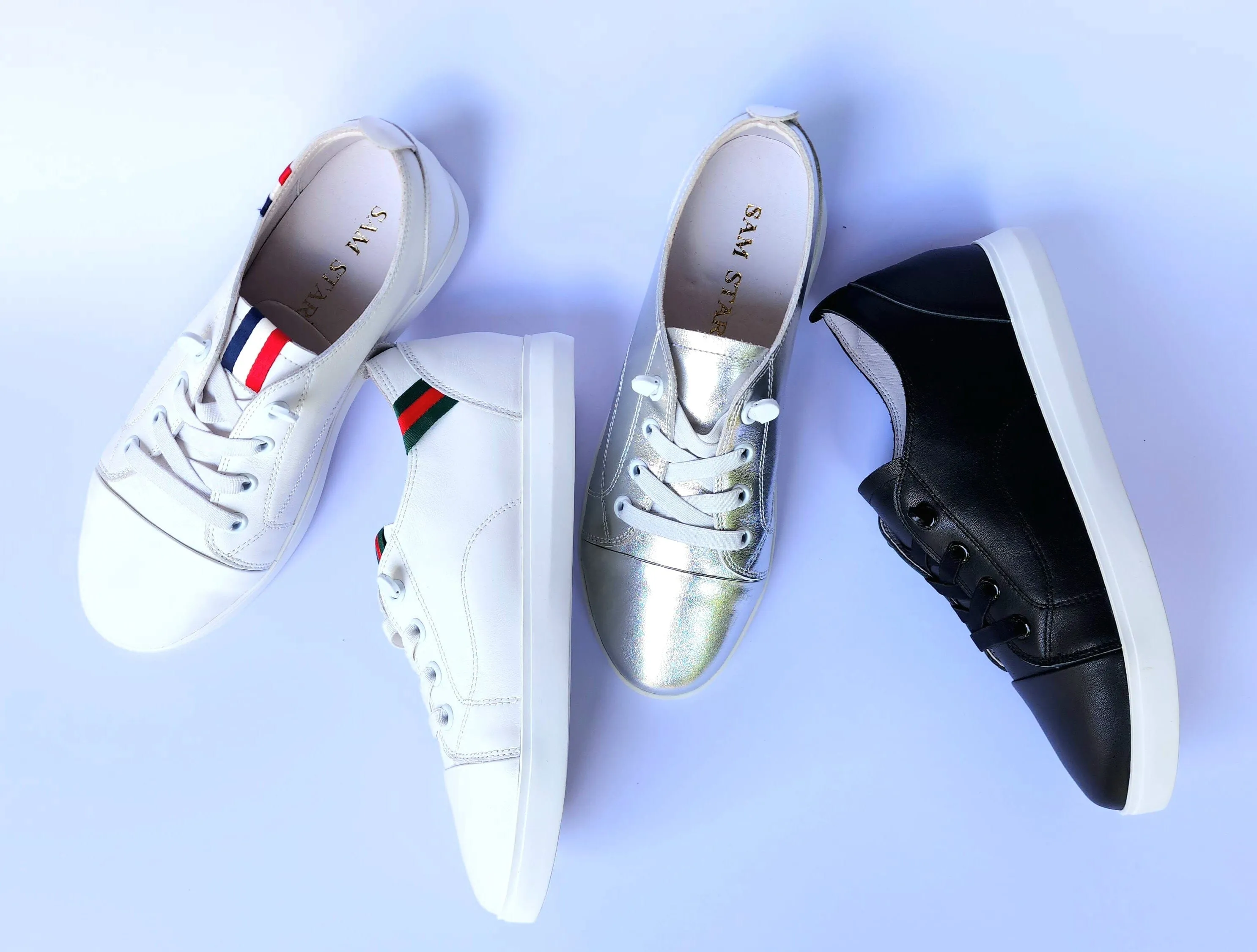 SS24007 Genuine leather sneakers with cushions - White, Black and Silver