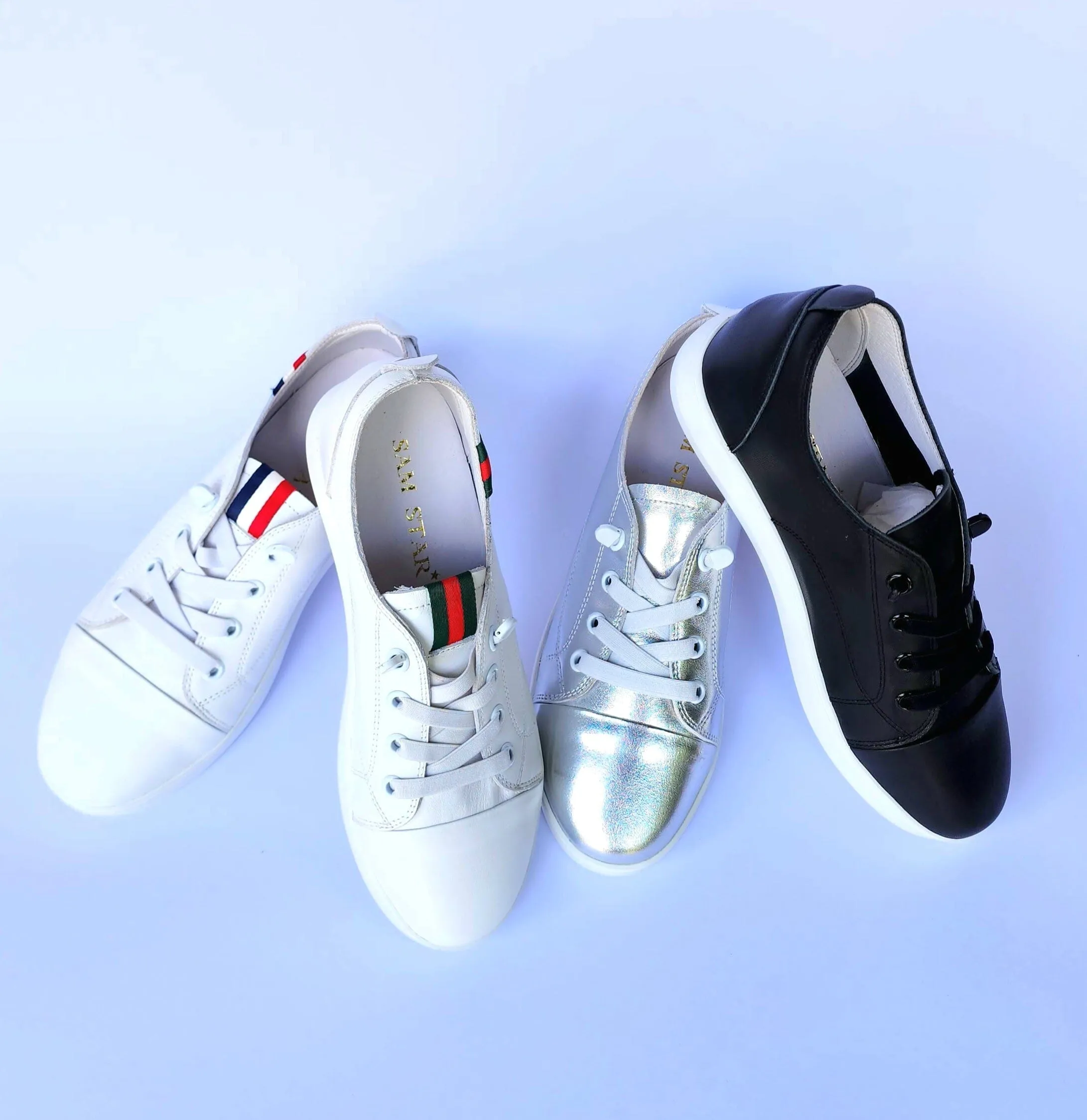 SS24007 Genuine leather sneakers with cushions - White, Black and Silver