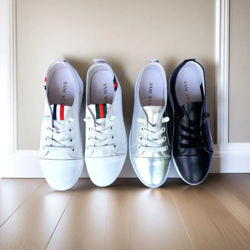 SS24007 Genuine leather sneakers with cushions - White, Black and Silver