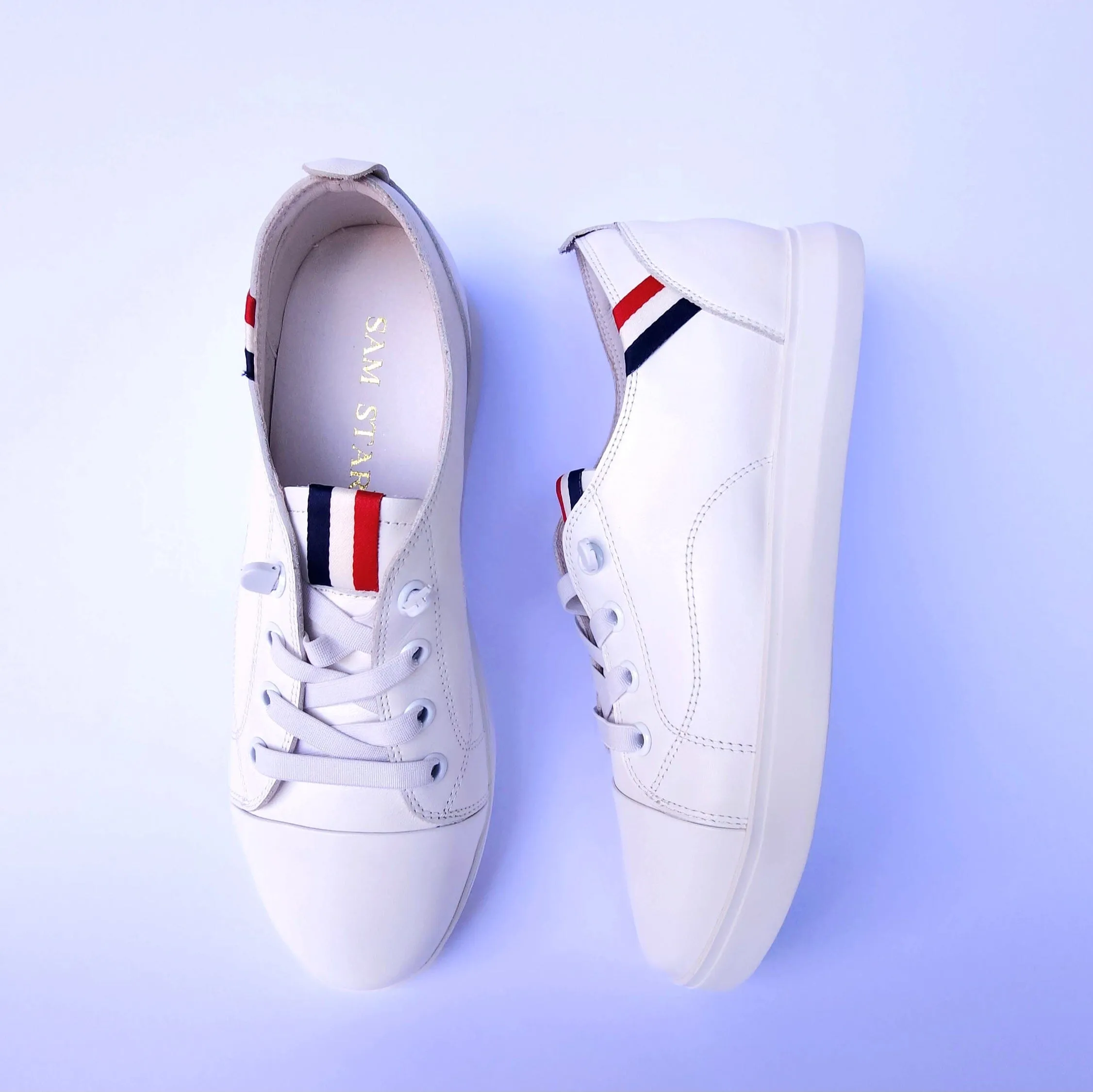 SS24007 Genuine leather sneakers with cushions - White, Black and Silver
