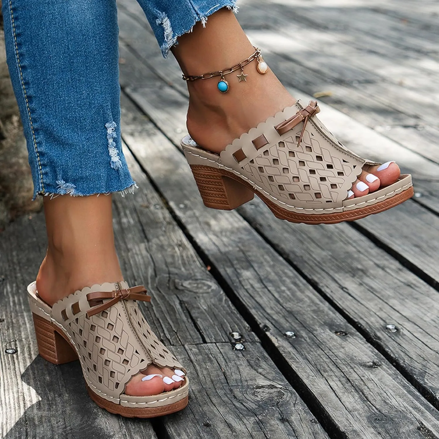 Stacked Heel Mules Pumps Sandals for Women Fashion Hollow Peep Toe High Heels Slip On Mules Summer Mid Heeled Shoes