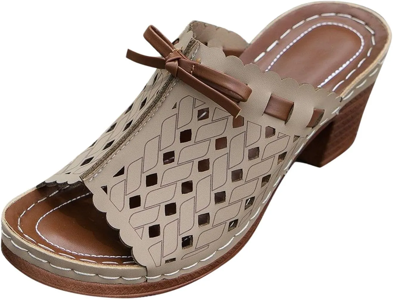 Stacked Heel Mules Pumps Sandals for Women Fashion Hollow Peep Toe High Heels Slip On Mules Summer Mid Heeled Shoes