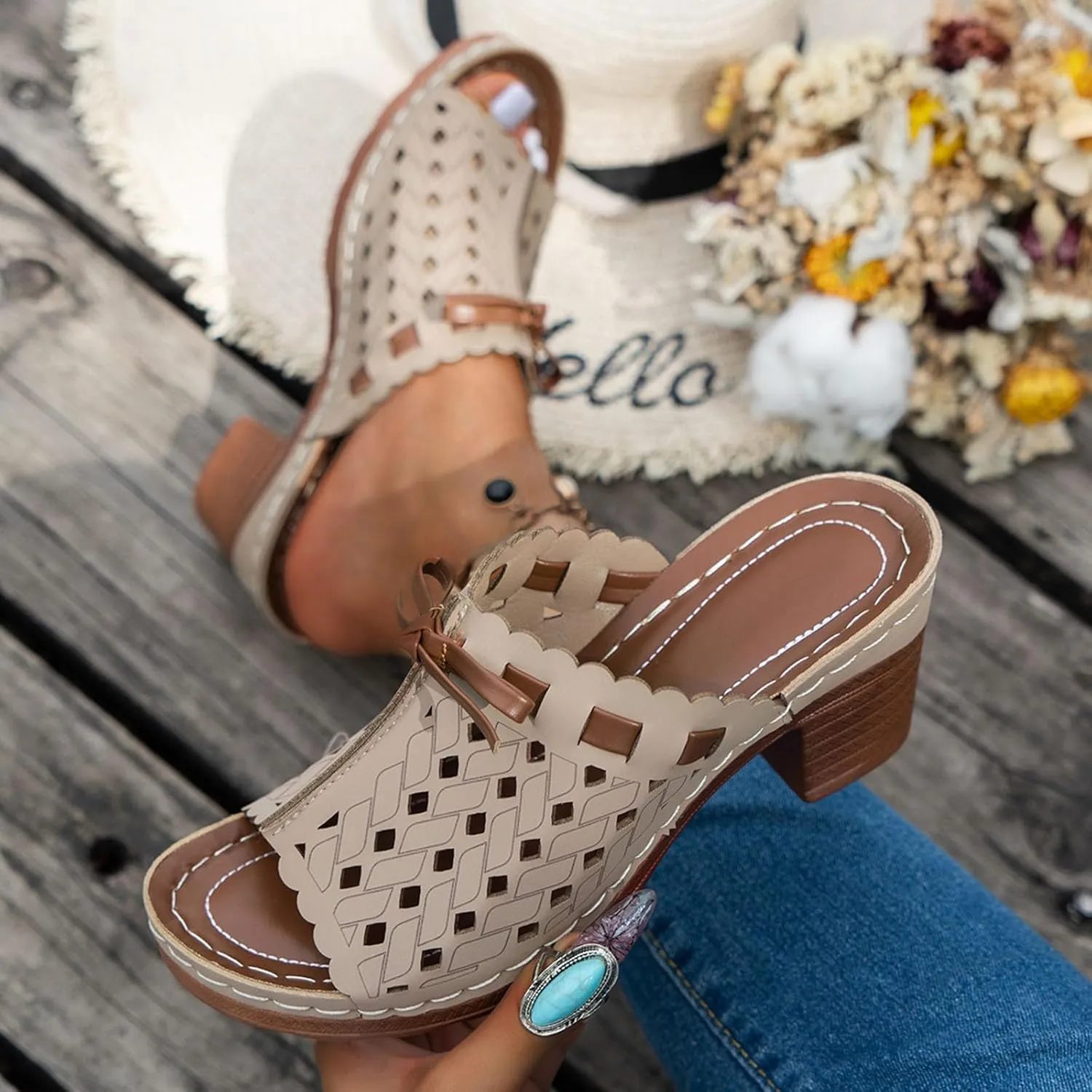 Stacked Heel Mules Pumps Sandals for Women Fashion Hollow Peep Toe High Heels Slip On Mules Summer Mid Heeled Shoes