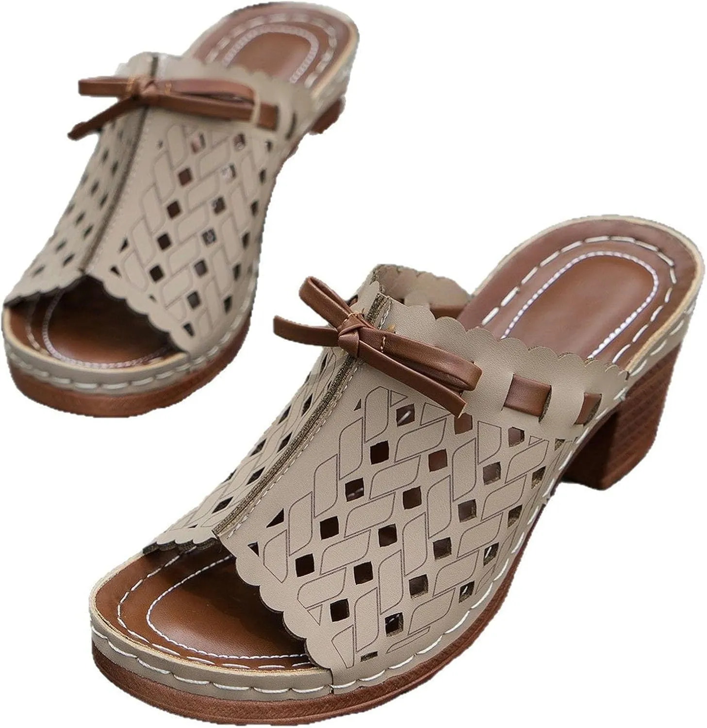 Stacked Heel Mules Pumps Sandals for Women Fashion Hollow Peep Toe High Heels Slip On Mules Summer Mid Heeled Shoes