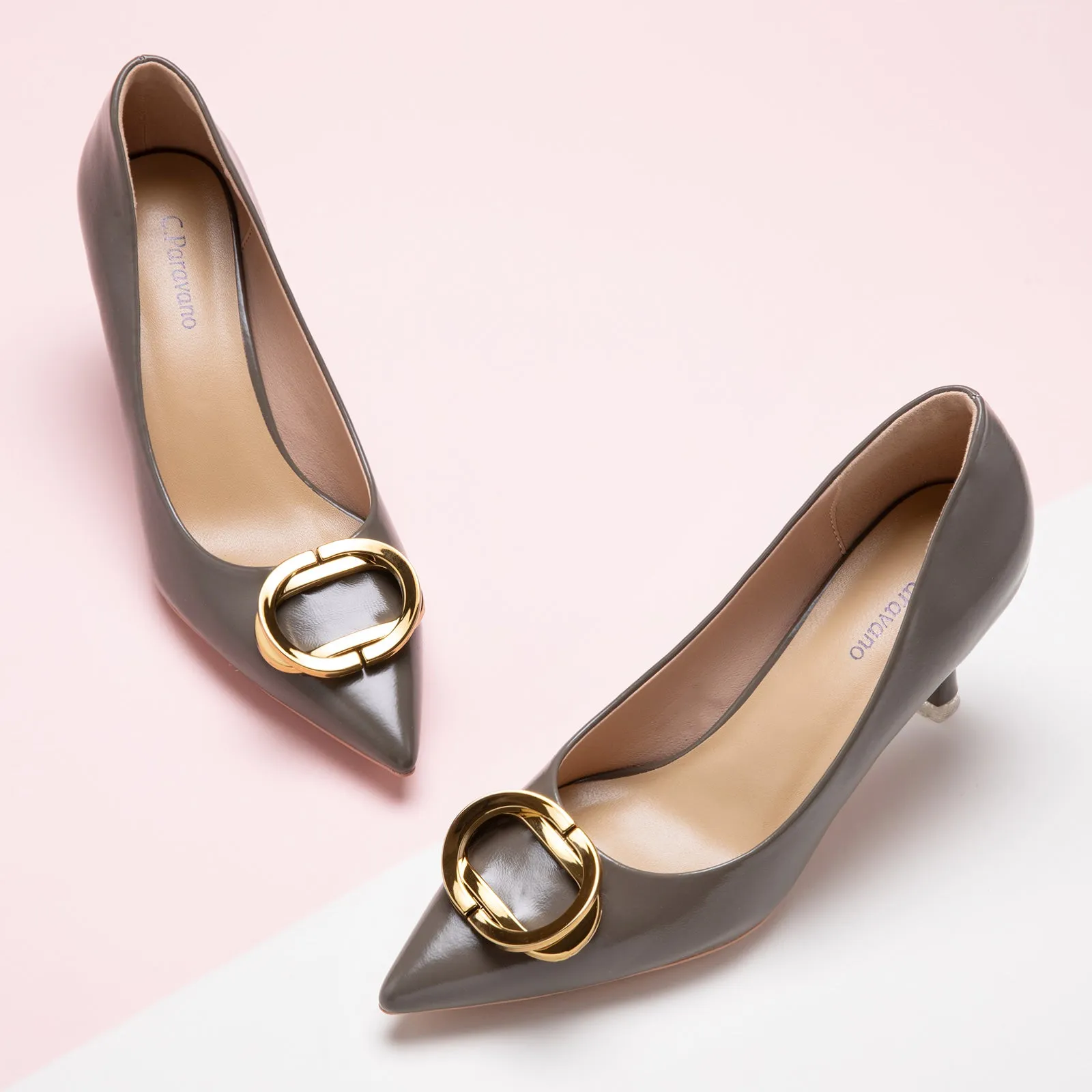Stacked Metal Buckle Pumps (Olivia) Grey