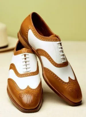 Stylish Handmade Men's Oxford Wing Tip Brogue Tan & White Leather Shoes
