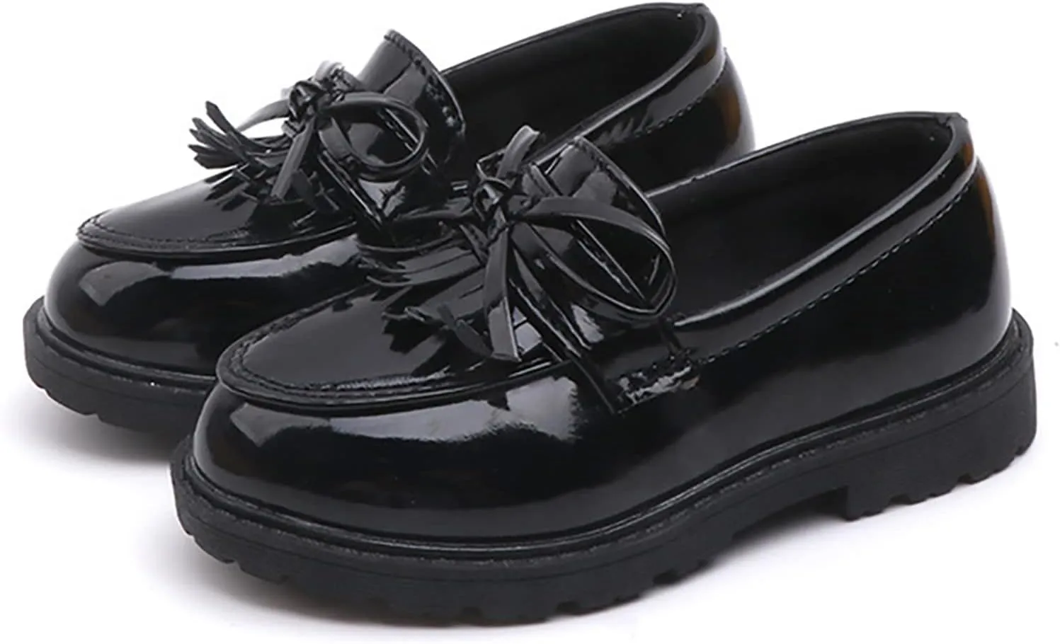 Summer Big Girls Loafer Slip On Leather Tassel Bow School Dress Shoes atent-Leather Reflective Flat Loafers