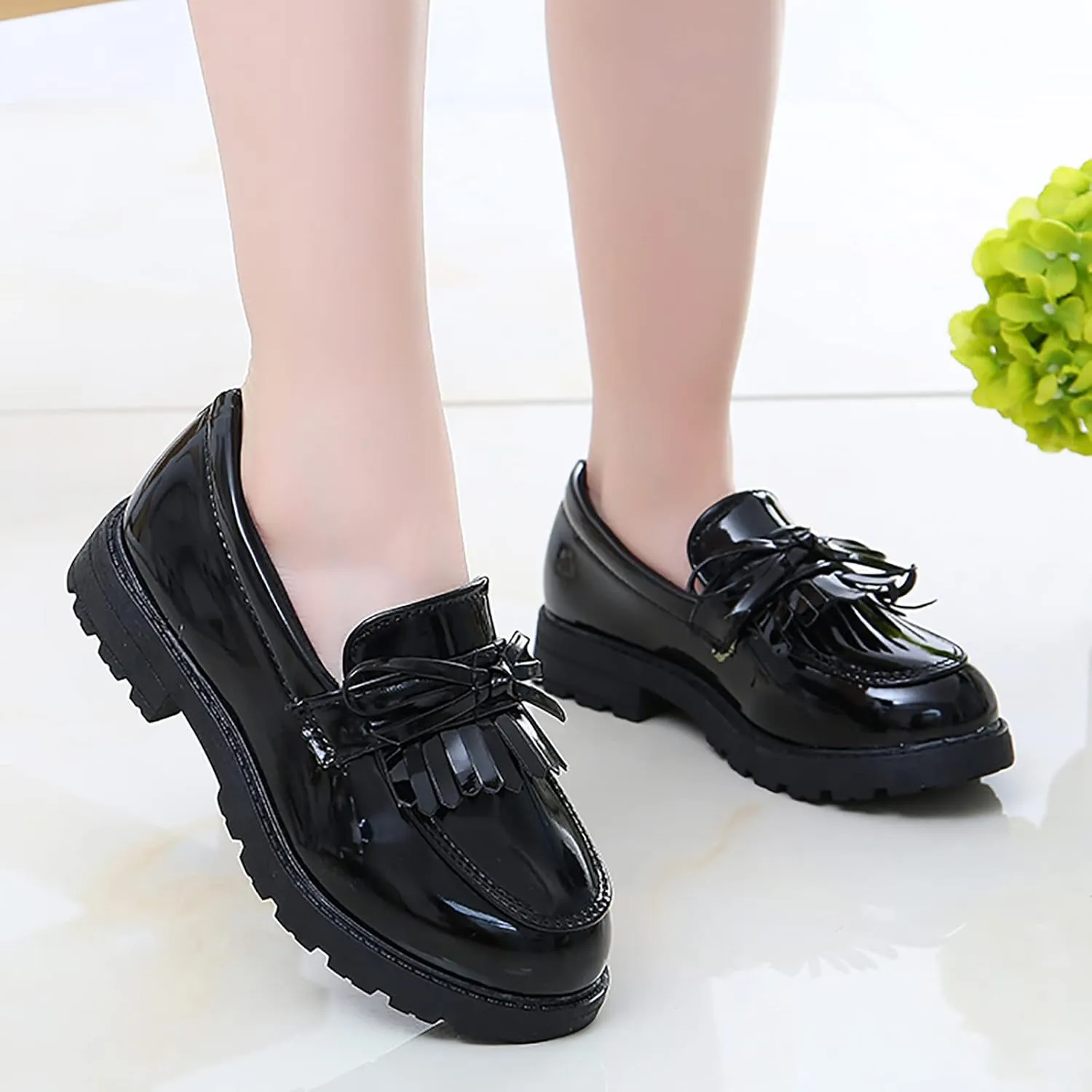 Summer Big Girls Loafer Slip On Leather Tassel Bow School Dress Shoes atent-Leather Reflective Flat Loafers