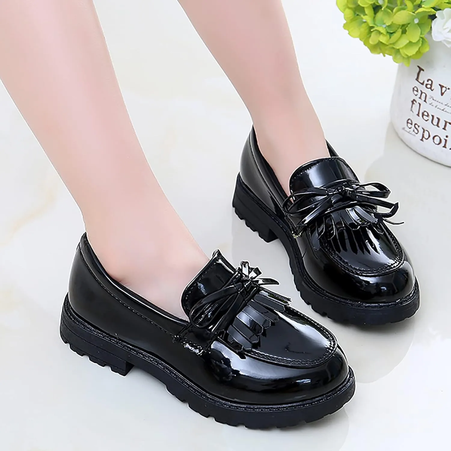 Summer Big Girls Loafer Slip On Leather Tassel Bow School Dress Shoes atent-Leather Reflective Flat Loafers