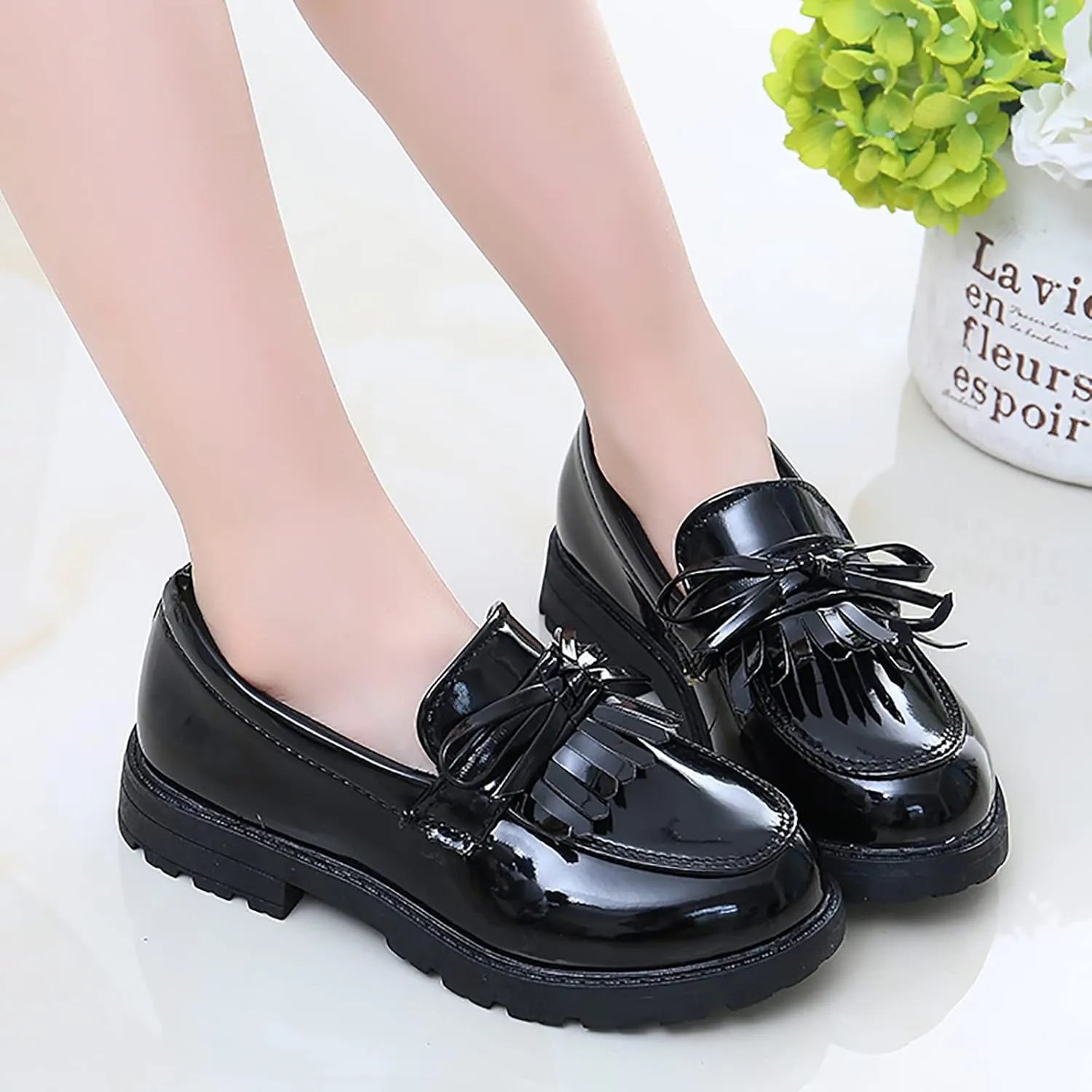 Summer Big Girls Loafer Slip On Leather Tassel Bow School Dress Shoes atent-Leather Reflective Flat Loafers