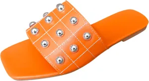 Summer Sandals for Women Ladies Fashion Summer Solid Color Leather Open Toe Square Head Metal Decorative Flat Beach
