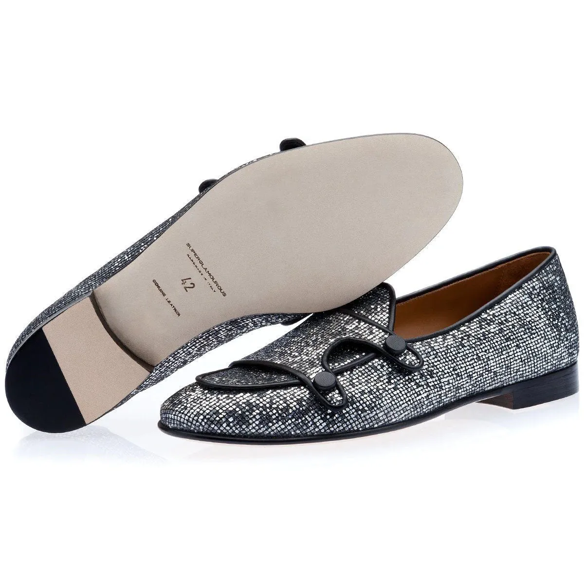 SUPERGLAMOUROUS Tangerine 7 Men's Shoes Silver Glitter Canvas Monk-Straps Belgian Loafers (SPGM1021)