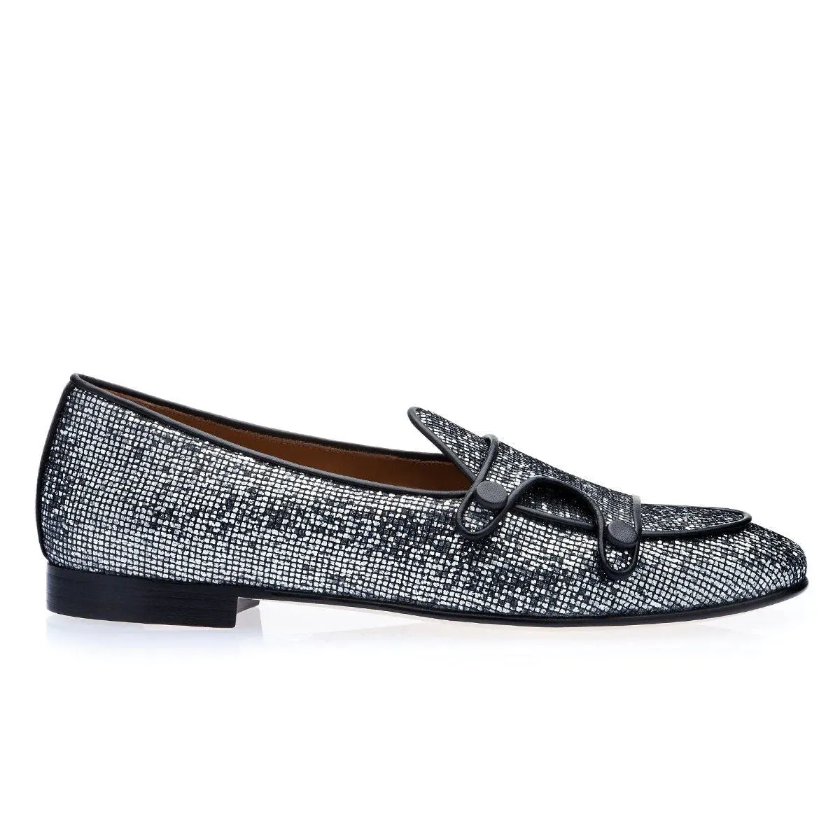 SUPERGLAMOUROUS Tangerine 7 Men's Shoes Silver Glitter Canvas Monk-Straps Belgian Loafers (SPGM1021)