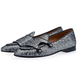 SUPERGLAMOUROUS Tangerine 7 Men's Shoes Silver Glitter Canvas Monk-Straps Belgian Loafers (SPGM1021)