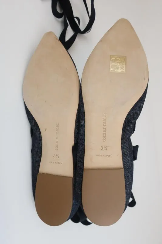 Tomas Maier Denim Lace-Up Flats Dark Blue Size 8.5 Ankle Wrap Pointed Toe NEW