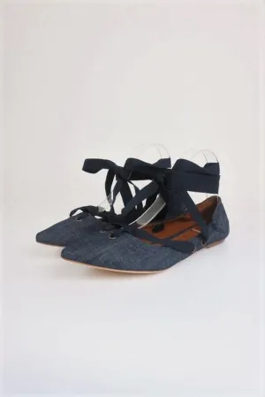 Tomas Maier Denim Lace-Up Flats Dark Blue Size 8.5 Ankle Wrap Pointed Toe NEW