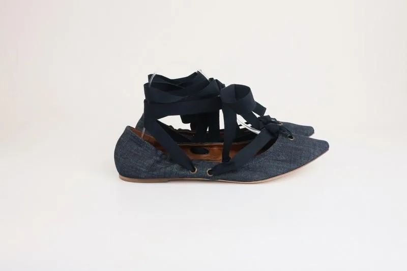 Tomas Maier Denim Lace-Up Flats Dark Blue Size 8.5 Ankle Wrap Pointed Toe NEW