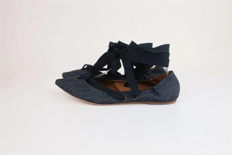 Tomas Maier Denim Lace-Up Flats Dark Blue Size 8.5 Ankle Wrap Pointed Toe NEW